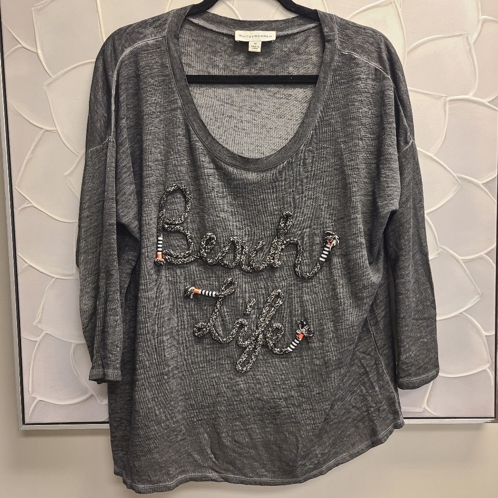 WHITE + WARREN Womens Gray Linen Beach Life Rope Shirt Pullover Size Medium